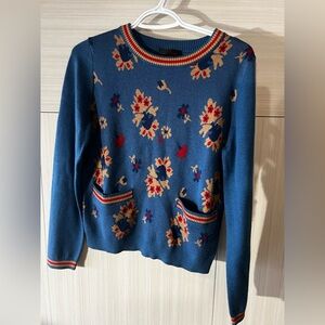 Vintage Blue Retro Pierre Cardin Floral Pattern Long Sleeve Sweater size M